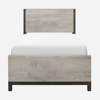 A twin platform bed with a two-tone color scheme, featuring light gray and gray tones, with a headboard and footboard included.