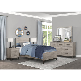 A twin platform bed with a two-tone color scheme, featuring light gray and gray tones, with a headboard and footboard included Full setup  .