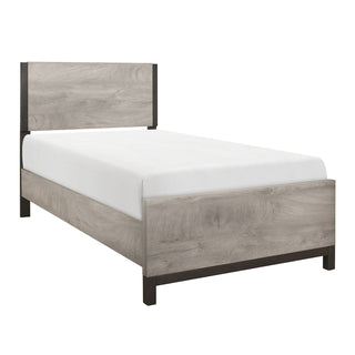 A twin platform bed with a two-tone color scheme, featuring light gray and gray tones, with a headboard and footboard included left site .
