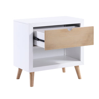 A two-tone white and natural finish pine veneer nightstand with one drawer and one lower storage cubby, featuring mid-century modern-design.