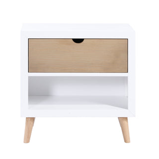 A two-tone white and natural finish pine veneer nightstand with one drawer and one lower storage cubby, featuring mid-century modern design.