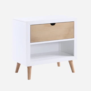 A white and natural pine veneer nightstand with a single drawer and wooden legs.
