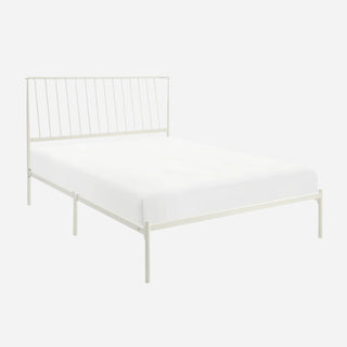 A white queen-sized platform bed frame with a headboard, shown with a white mattress on it.