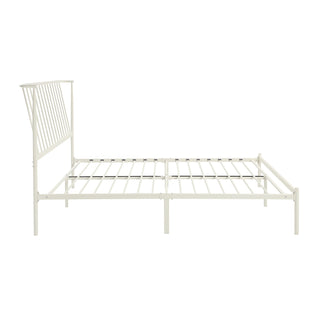 A white queen-sized platform bed frame with a headboard, shown with a white mattress on it Left Angle site .