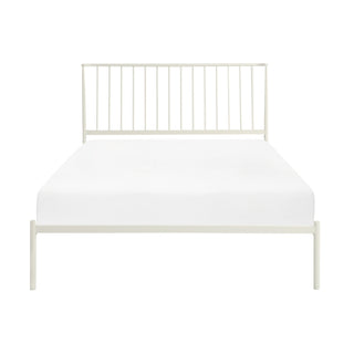 A white queen-sized platform bed frame with a headboard, shown with a white mattress on it font site .
