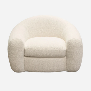 A white textured fabric swivel chair with a full backrest and seat cushion, viewed from a front angle.