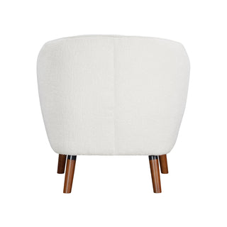 A white upholstered accent chair with channel-tufted backrest, brown-finished solid wood legs, and a removable seat-cushion back part.