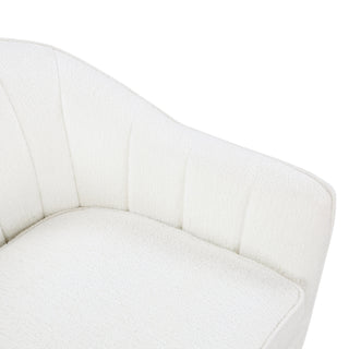 A white upholstered accent chair with channel-tufted backrest, brown-finished solid wood legs, and a removable seat-cushion font part.