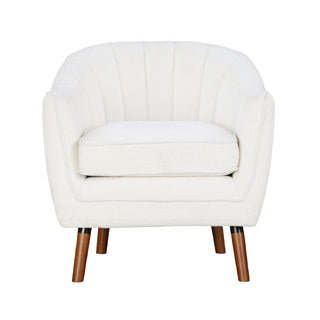 A white upholstered accent chair with channel-tufted backrest, brown-finished solid wood legs, and a removable seat cushion.