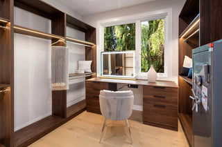 Advance home office with wooden furniture, a chair, and a window view and nature 