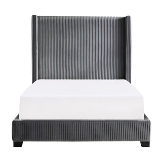 An Eastern King bed with a gray upholstered headboard, footboard, and rails with a white mattress on top.