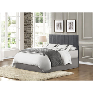 An Eastern King bed with a gray upholstered headboard, footboard, and rails with a white mattress on top with sites  on corner combination  .