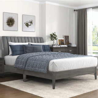 An Eastern King platform bed with gray velvet upholstery and vertical channel-tufted headboard on engineered wood frame with solid wood legs with  room environment combination 