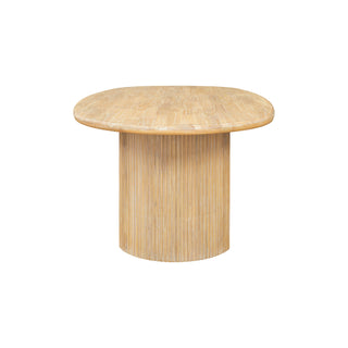An oval-shaped dining table with a solid wood finish and crescent-shaped legs, having a ridged wood texture font site .