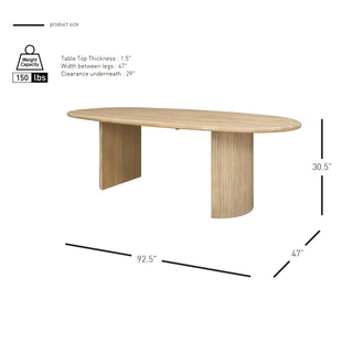 An oval-shaped dining table with a solid wood finish and crescent-shaped legs, having a ridged wood texture hight .