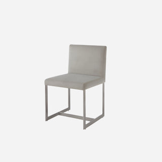 An upholstered dining chair with a dove gray backrest and seat, featuring a brushed stainless steel frame.