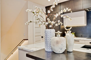 Decorative vases with white flowers on a kitchen counter