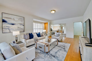 Bright Transitional Living Room with White Sofa and Trunk Coffee Table
