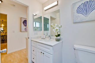 Bathroom with white vanity, mirror, and toilet, featuring a shell art piece on the wall.