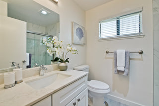 Bathroom with white vanity, toilet, and decorative elements.