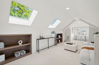 Modern living room with skylights, bookshelves, and a sofa.