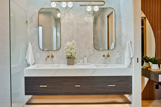 Modern bathroom with double vanity, mirrors, and decorative elements.