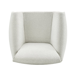 Cream textured barrel accent chair with curved back.