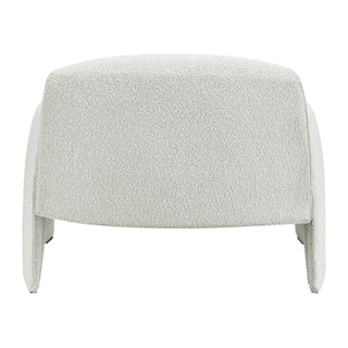 Cream textured upholstered ottoman with curved legs.