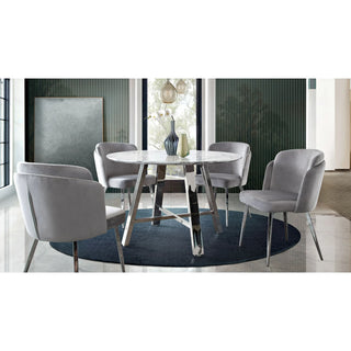 Elegant Dining Room with Marble Table and Gray Upholstered Chairs