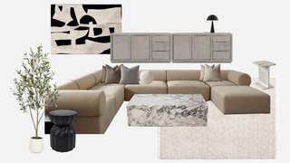 Modern living room setup with a sectional sofa, coffee table, and abstract art on the wall.