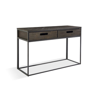 Industrial Wood Console Table – Two Drawer Metal Frame Design
