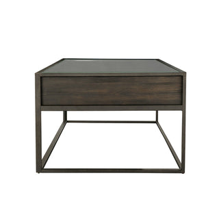 Industrial Wood and Glass Coffee Table – Side Profile Metal Frame View
