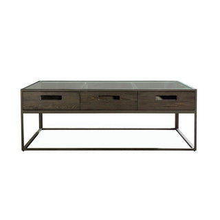 Industrial Wood and Glass Coffee Table – Three Drawer Metal Frame Design
