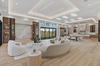 Modern living room with white furniture and large windows