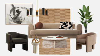 Collage of living room furniture including a sofa, chairs, coffee table, and decor items.