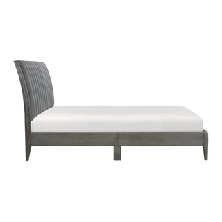 Modern Gray Wood Bed Frame with Curved Upholstered Headboard Side View
