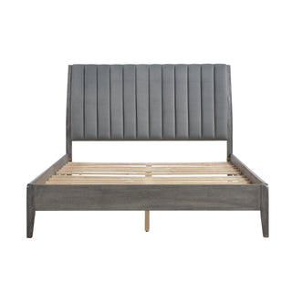 Modern Gray Wood Bed Frame with Slatted Base and Channel Headboard
