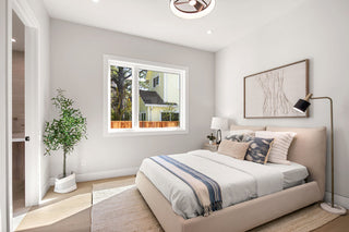 Modern bedroom with a bed, lamp, and window view nice two glass window-2