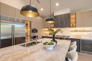 Modern kitchen with marble island, stainless steel appliances, and pendant lights gloreous view