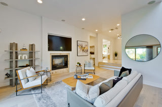 Modern living room with a fireplace, TV, and decorative elements.