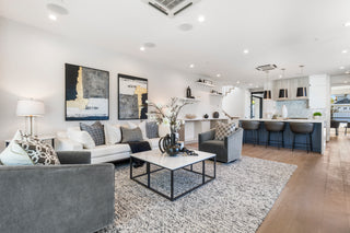 Modern living room with gray sofa, coffee table, and decorative elements.