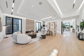 Modern living room with white furniture and large windows
