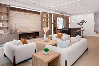 Modern living room with white sofas, wooden coffee table, and decorative elements and cute layout design