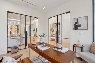 Modern office space with a wooden desk, chairs, and large windows and glass door wall printing nice top of tree