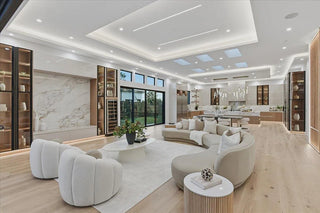 Modern living room with white furniture and large windows