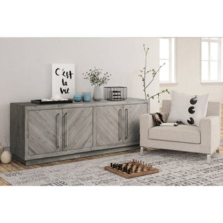Rustic Grey Wood Sideboard Cabinet – Chevron Door Design with Modern Metal Handles

