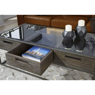 Rustic Wood and Glass Coffee Table – Open Drawer Storage Detail
