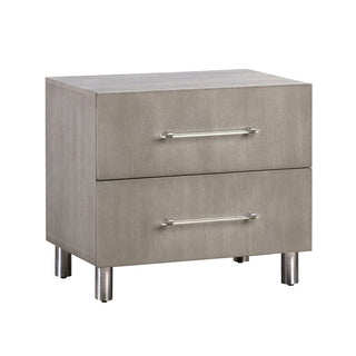 Sleek Argento nightstand in misty grey by Modus Furniture, designed with a modern frame and practical storage drawer