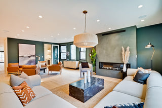Modern living room with gray sofa, coffee table, and decorative elements.