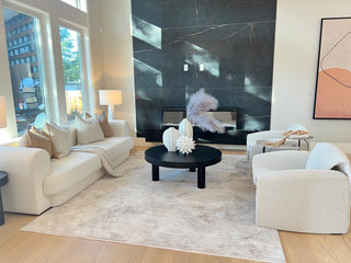 living room with white furniture, decorative pillows, and a marble accent wall.